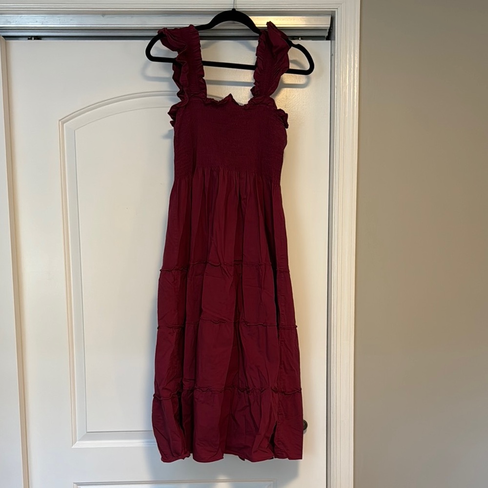 Hill House Burgundy Ruffle Strap Smocked Midi Dress
